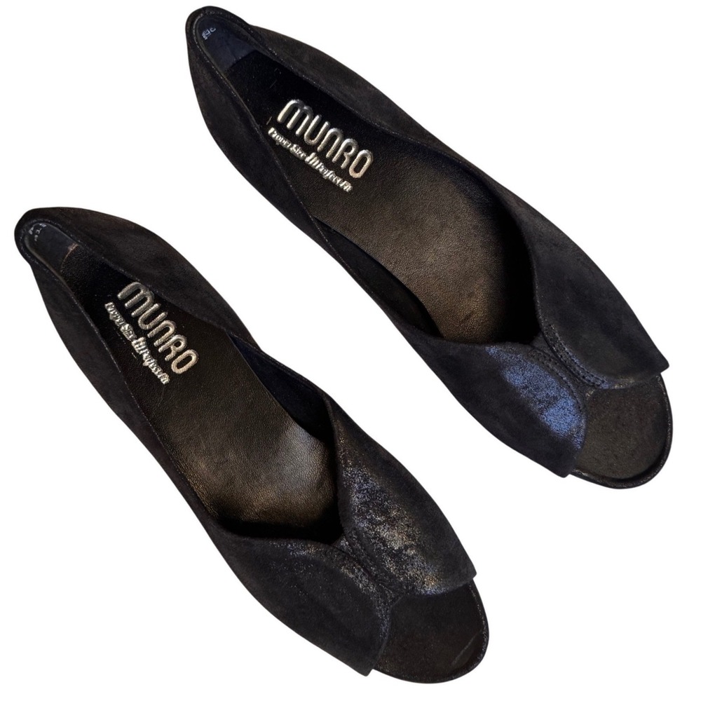 Munro Womens Black Genuine Luxury Suede Peep‎ Toe Comfort Flats 7N Office Church
